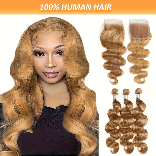 3 Bundles Blonde Body Wave Human Hair Weave with 4X4 Lace Closure, Curly Transparent Lace Front Wig for Women, 100% Human Hair Mootaful Hair