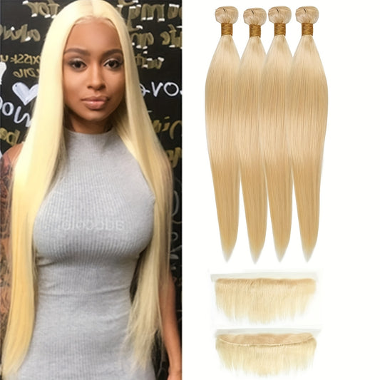 Blonde Straight Human Hair Weave 4 Bundles with 13x4 HD Lace Frontal Closure, Free Part Virgin Remy Mix, Long Smooth Hair Extensions for Women (20 20 20 20+20), Natural Hair Blend | Sleek Straight Weave | Highquality Hair