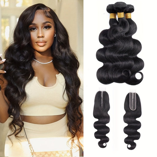 Body Wave Human Hair 3 Bundles With 2×6 Free Part Lace Closure Human Hair 100% Unprocessed Brazilian Virgin Hair Weave Bundles Human Hair With 2×6 Free Part Lace Closure Black Hair Natural Color