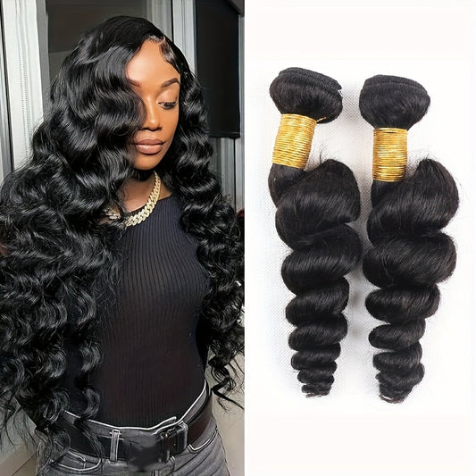 2pcs Brazilian Virgin Hair Loose Wave Bundles - Unprocessed Natural Human Hair Weave with Voluminous Waves, Real Hair for Women, Seamless Blending & Easy Maintenance, Natural Color Hair Extensions for Volume & Length, Hair Bu