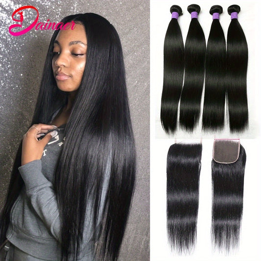 4 Bundles of Peruvian Straight Human Hair Weave with 4x4 Transparent Lace Closure - Virgin Remy Hair Extensions for Women, Long & Smooth Black Hair, Versatile Styling, Natural Look