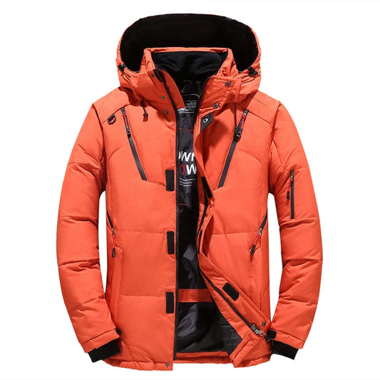 2025 Quality Solid Jacket Men Hooded Winter Puffer Jacket Orange Down Feather Jacket