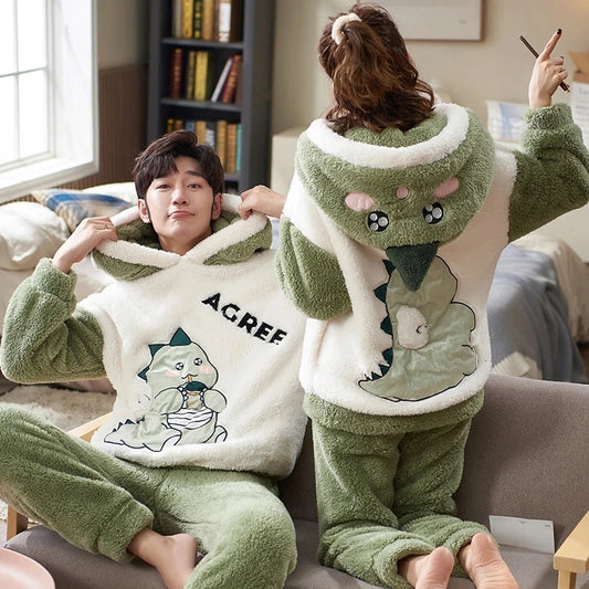 Couples Pajamas Sets Women Men Winter Thicken Pyjamas Sleepwear Cartoon Dinosaur Korean Lovers Homewear Soft Warm Hoodies Pijama