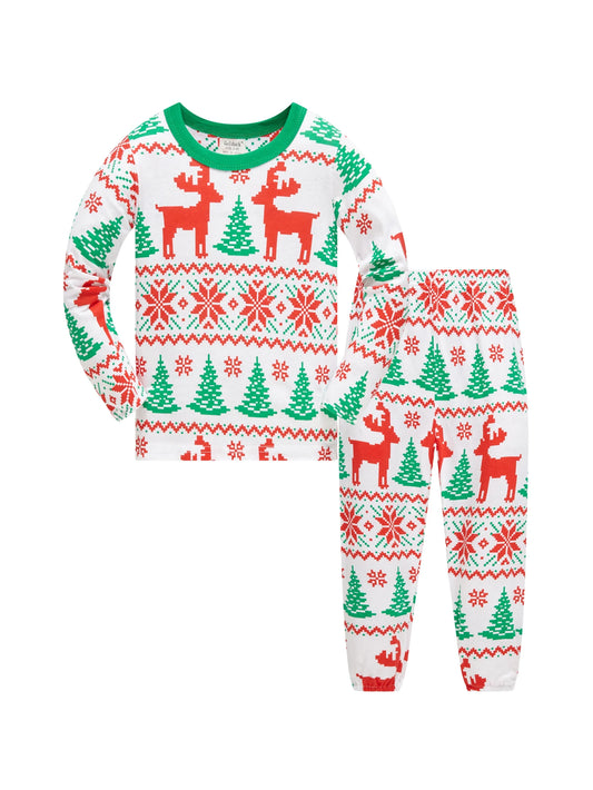 Kids Christmas Pajamas Set Reindeer Snowflake Print 100% Cotton Soft Holiday PJs for Boys and Girls Family Matching Nightwear