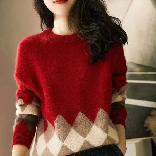 Women's Sweater Red Plaid Knit Tops for Woman Graphic Round O Neck Pullovers Jumper Winter Thermal Blouse Korean Style Clothes