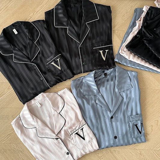 Women Striped Pajamas Set Ice Silk Sleepwear Luxury Embroider Letter Pajama Sets Couple Men Lady 2 Pieces Pajama Sets Homewear