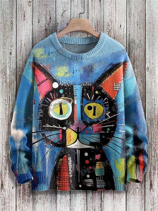 Cute Black Cat Graphic Retro Pattern 3D Printed Men's Knitted Pullover Winter Unisex Casual Warm Knit Pullover Sweater ZZM75