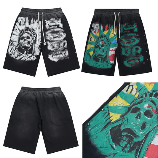 American Street Trend Lost Intricacy Casual Shorts Hip-hop Rivet Skull Print Pants Retro Washed Lost Intricacy Sports Shorts