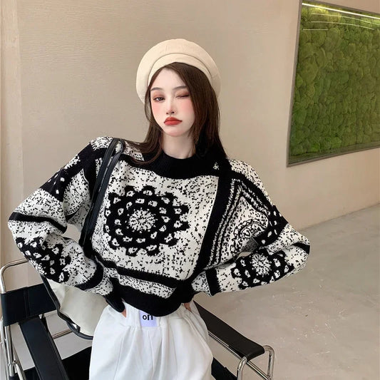Women's Sweater Graphic Short Knit Tops for Woman Crop Pullovers Round O Neck Long Sleeve Crochet Korean Style Winter 2025 Sale