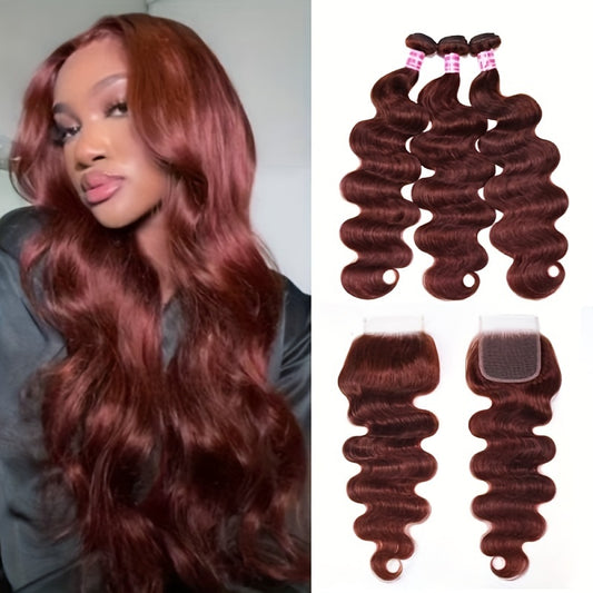 Nadula 12A Reddish Brown Body Wave Human Hair Weave 3 Bundles With 4x4 Lace Closure, Brazilian Remy Hair Extension