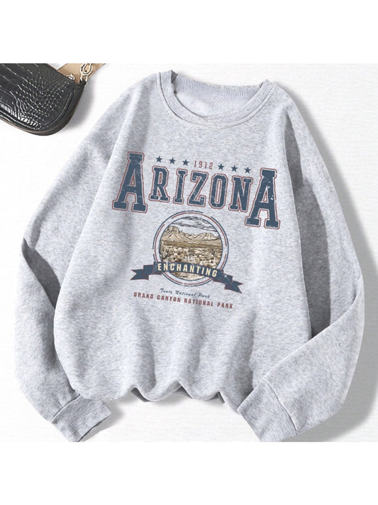 [Graphic Sweater] 1pc Women's Casual Crew Neck Sweater | Long Sleeve Pullover, Slogan Graphic 1912 ARIZONA ENCHANTING Tonto National Park GRAND CANYON NATIONAL PARK, Knit Grey Sweatshirt for Autumn/ Winter