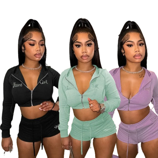 Women Jogging Sweat Suits Tracksuit Suite Ladies Solid Color Shiny Rhinestone Alphabet Embroidery Casual Two Piece Set