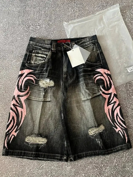 HOUZHOU Graphic Print Women Short Jeans Y2k Hole Harajuku Vintage Denim Shorts Wide Leg American Jorts Baggy Hip Hop Streetwear