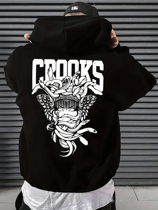 Men's geometric pattern printed hooded sweater stylish fitting casual pullover versatile streetwear comfortable and fashionable