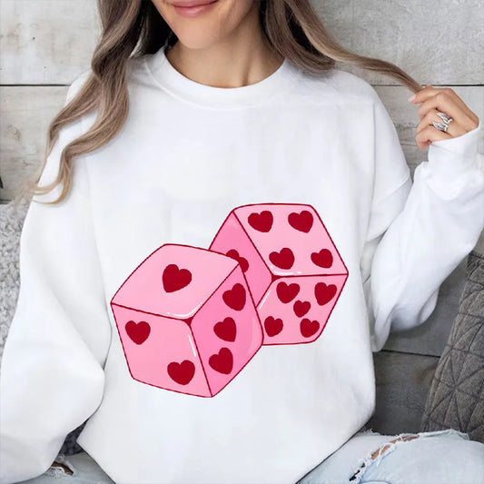 Graphic Sweatshirt Pink Dice Hearts Fun Y2k Print Sweatshirt Game Oversize Casual Wear Trendy Playful Design Sweet Vibe Clothes
