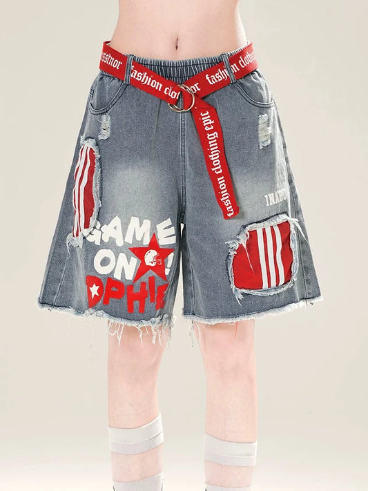 Women Hairy Denim Shorts Summer Trendy Patchwork Letter Print Wide Length Pants with Adjustable Belt