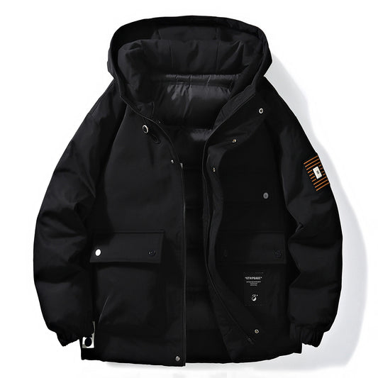 Men's Black Hooded Puffer Jacket, Utility - Style Winter Coat with Multi - Pocket & Contrast Arm Patch