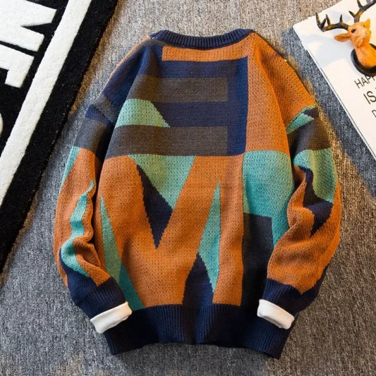 Graphic Crewneck Knitted Sweaters for Men Round Collar Man Clothes Brown Pullovers Cheap Order Spring Autumn T Shirt Baggy Tops