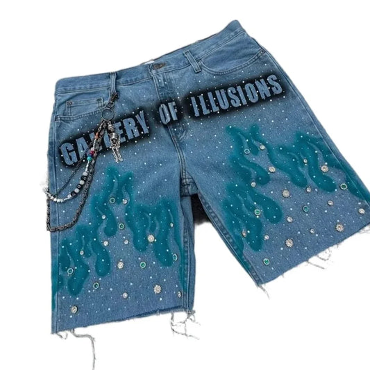 Goth Vintage Print Silk Denim Shorts of Men Clothing Street Harajuku Hiphop High Waited Jeans Men Shorts Casual Loose Pants Mens