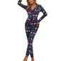 Latest Women's Pajamas Christmas  Jumpsuit Button V Neck Long Sleeve Christmas Cartoon Print  Pajamas
