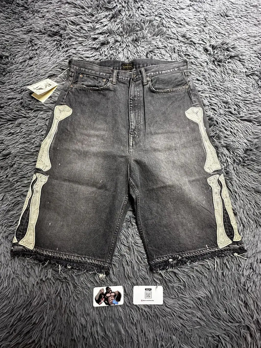 Summer retro skeleton denim shorts sports casual shorts new couple wearing street street 55 pants 2025 Europe and America