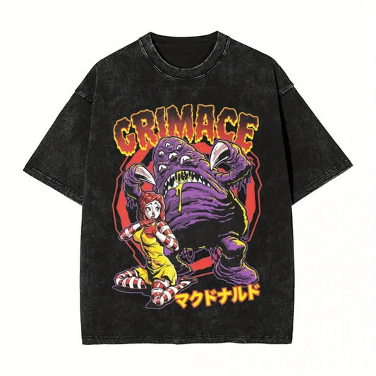 Grimace Retro Graphic Print Oversized Streetwear T-Shirt  Vintage Washed Unisex Tee with Cartoon Design