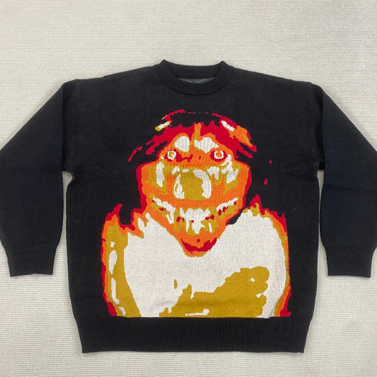 Men's Knitted Sweater, Casual Hip Hop Streetwear, Gothic, Portrait Print, Autumn, Harajuku, Cotton, Y2K Ghost