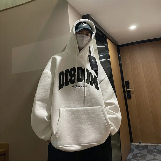 Gray hooded sweatshirt men's new fashion letter print jumper plush, thick loose top hoodies men clothing Loose fitting Hoodies