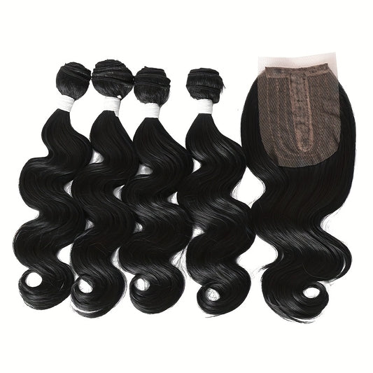 [Luxurious Body Wave Hair Weave] 4 Bundles Luxurious Body Wave Synthetic Hair Weave - 14 Inch Black Hair Extensions with 4x4 Closure